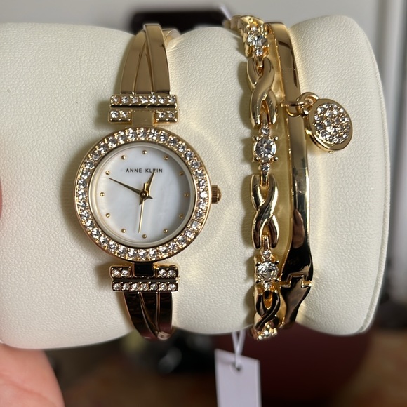 Anne Klein Women's Premium Crystal Accented Bangle Watch and Bracelet Set - Picture 1 of 4